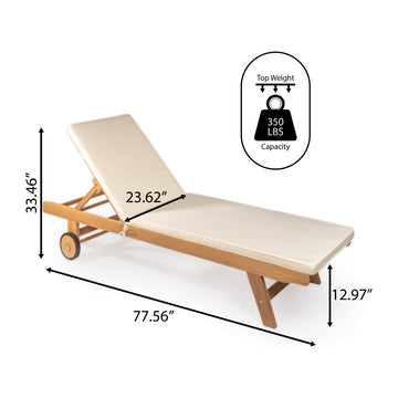 Mallorca 77.56"x23.62" Modern Classic Adjustable Acacia Wood Chaise Outdoor Lounge Chair with Cushion & Wheels - JONATHAN Y